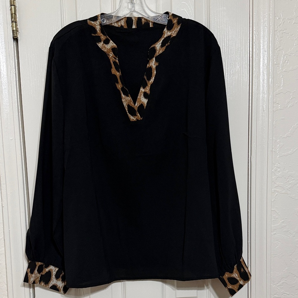 Black Women's Top with Leopard Trim